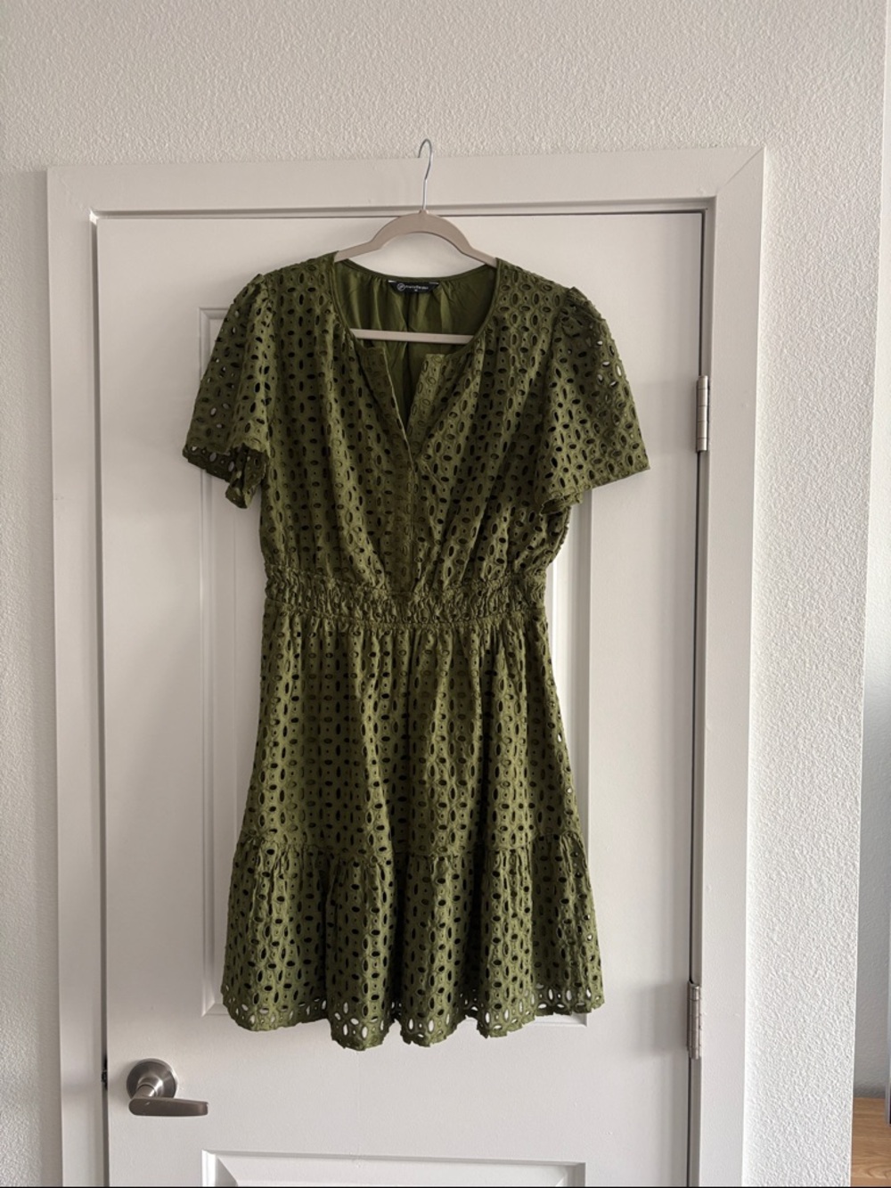 Green Eyelet V-Neck Short Sleeve Mini Dress
